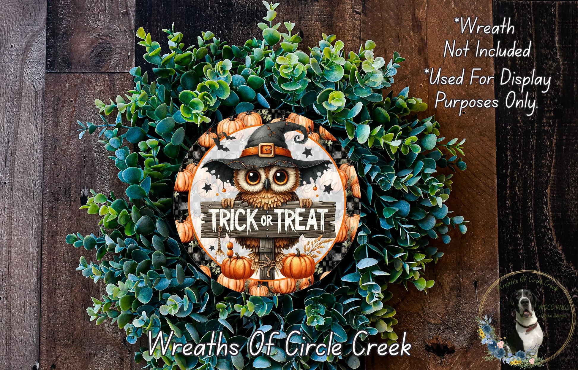 a Halloween-themed wreath with an owl wearing a witch's hat and the text "TRICK or TRACK" on it. The wreath is surrounded by green foliage and pumpkins, creating a festive and spooky atmosphere.