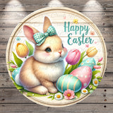 A cheerful Easter bunny sits amidst colorful Easter eggs, tulips, and daffodils, with the text "Happy Easter" displayed in the center.