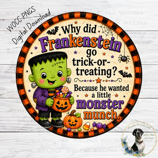 The image is a Halloween-themed illustration featuring a green-skinned, purple-clad Frankenstein monster holding a bag of candy, surrounded by Halloween-themed elements such as pumpkins, bats, and cobwebs.