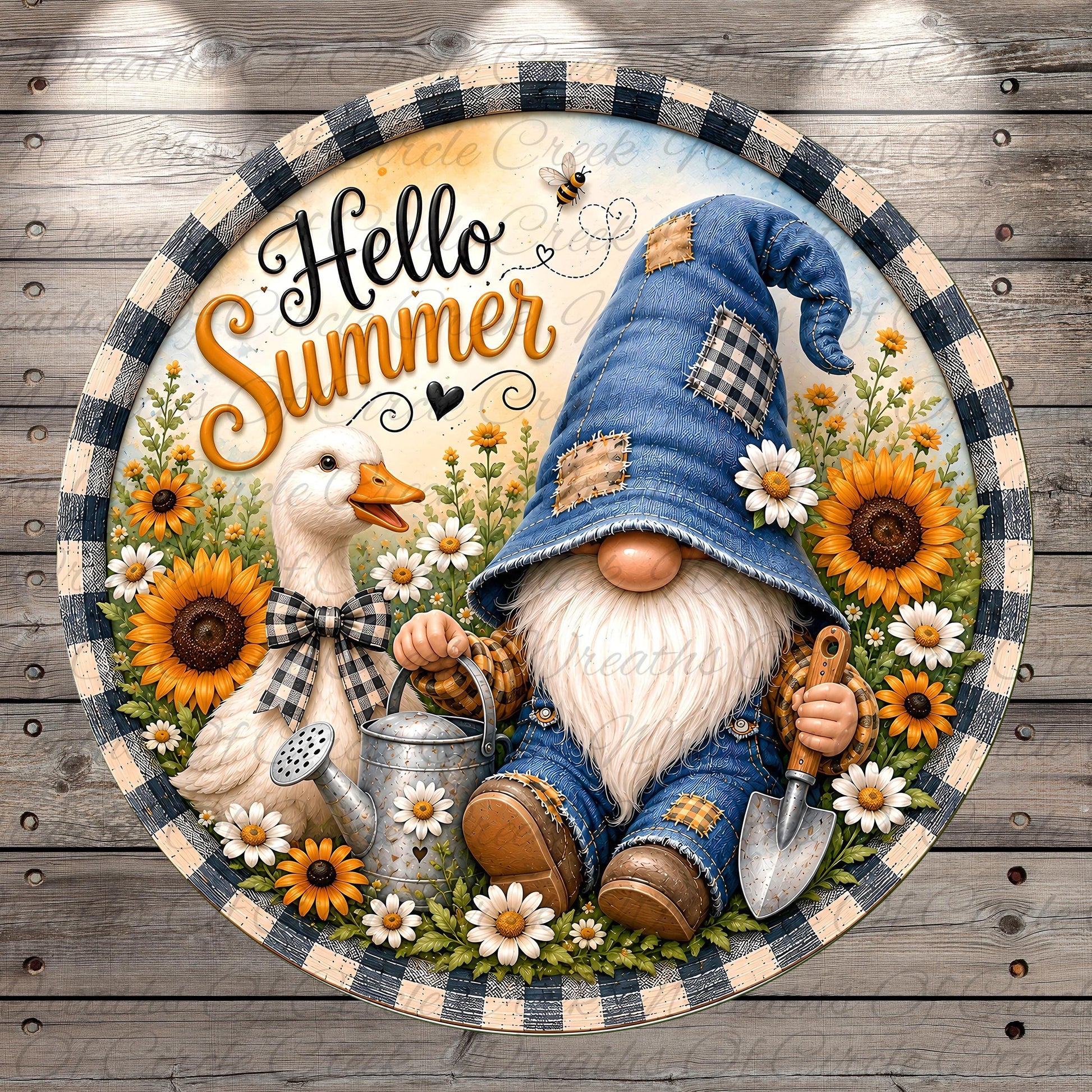 A gnome wearing a blue hat and holding a watering can is surrounded by a garden scene with a duck, sunflowers, and a wooden fence. The text "Hello Summer" is displayed above the gnome.