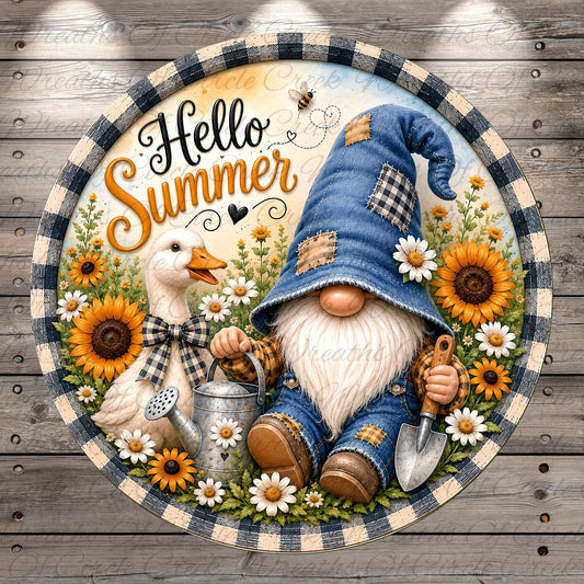 A gnome wearing a blue hat and holding a watering can is surrounded by a garden scene with a duck, sunflowers, and a wooden fence. The text "Hello Summer" is displayed above the gnome.