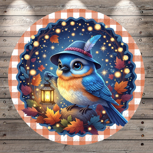 A blue bird wearing a hat and holding a lantern is surrounded by autumn leaves and twinkling lights, creating a whimsical and festive scene.