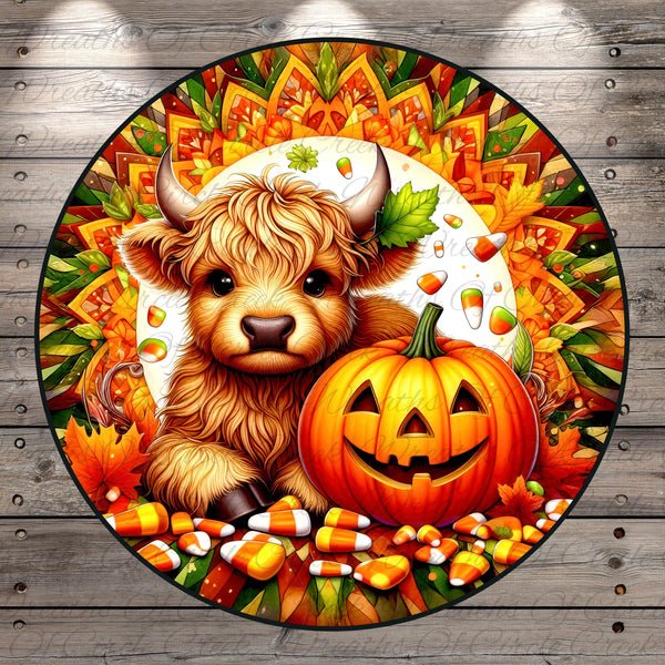 A whimsical illustration featuring a Highland cow with horns, a carved jack-o-lantern, and a colorful autumnal background with candy canes, leaves, and a sunburst pattern.