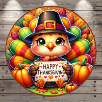 A cheerful cartoon turkey holding a "Happy Thanksgiving" sign, surrounded by autumn leaves and pumpkins, against a wooden background.