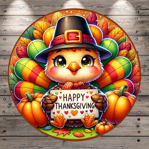 A cheerful cartoon turkey holding a "Happy Thanksgiving" sign, surrounded by autumn leaves and pumpkins, against a wooden background.