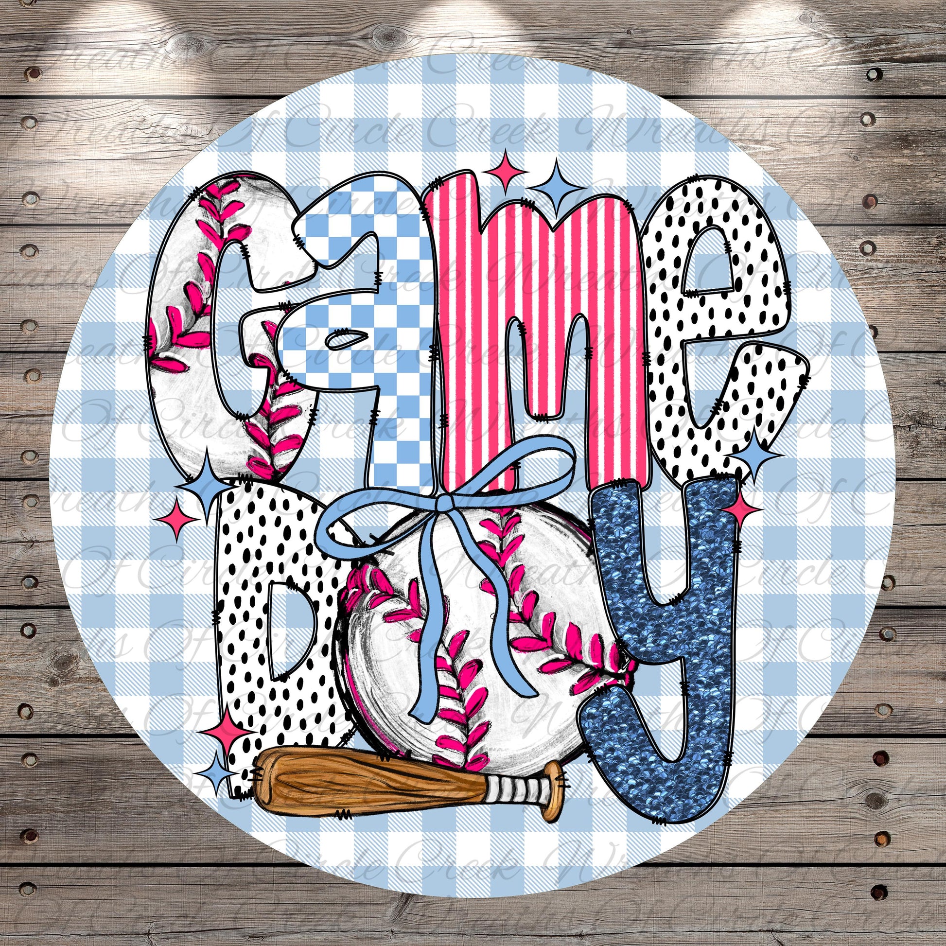 A circular graphic design featuring the word "CameDy" in a stylized font, surrounded by various sports-related elements such as a baseball, a baseball bat, and a baseball glove.