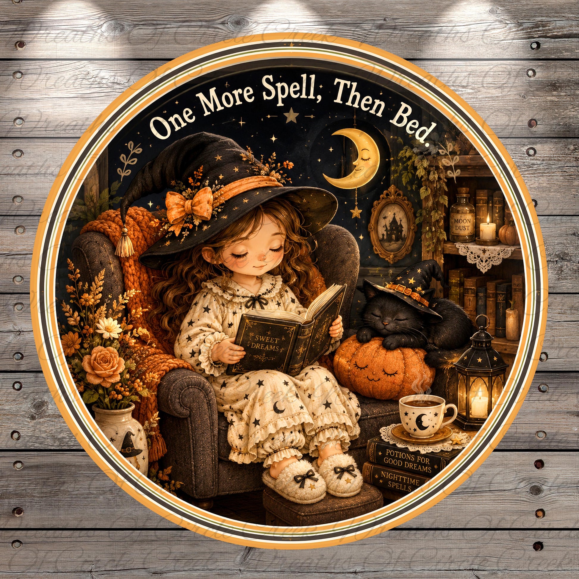 A young girl in a witch's hat is sitting in a chair and reading a book, surrounded by a cozy, autumnal atmosphere with a cat sleeping nearby and a pumpkin lantern.