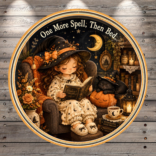 A young girl in a witch's hat is sitting in a chair and reading a book, surrounded by a cozy, autumnal atmosphere with a cat sleeping nearby and a pumpkin lantern.