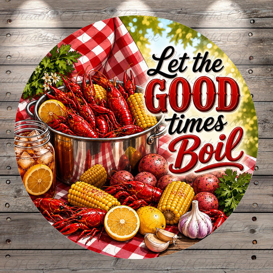 A collage of images depicting various seafood items, including lobsters, corn, and garlic, along with the text "Let the good times boil".