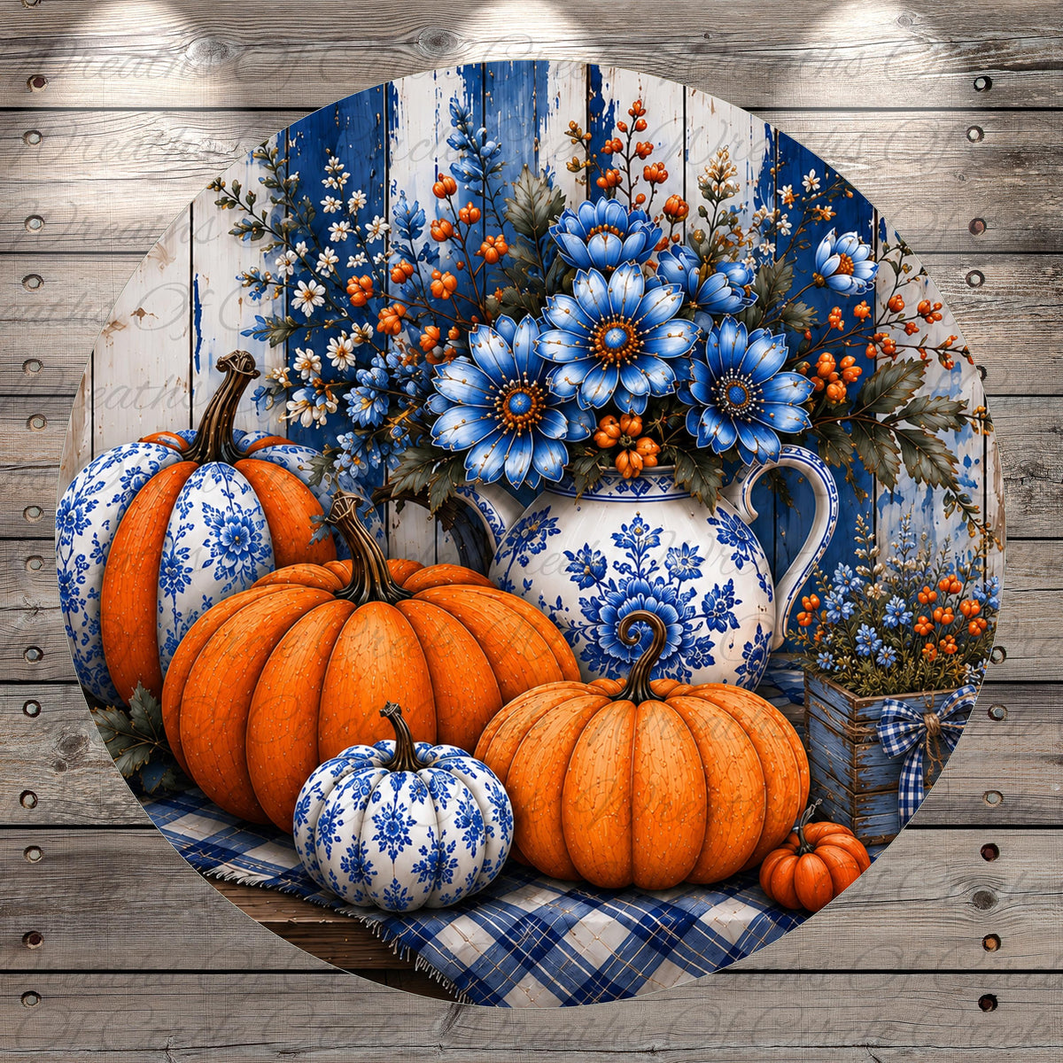 A circular arrangement of four orange pumpkins with blue and white floral patterns, a blue and white vase filled with blue and orange flowers, and a blue and white checkered tablecloth, all set against a rustic wooden background.