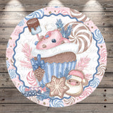 A decorative round frame with a whimsical design featuring a cupcake, Santa hat, snowflake, and other festive elements.
