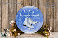 A round blue sign with the words "Winter Wonderland" and an illustration of ice skates, surrounded by flowers and a wooden background.