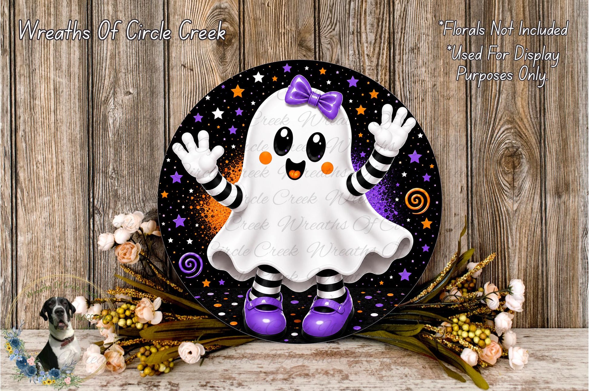 A Halloween-themed wreath featuring a ghost character with purple shoes and a bow, surrounded by flowers and a wooden background.