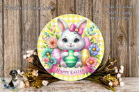 A round wooden plaque with a white bunny holding a green Easter egg, surrounded by colorful flowers and a banner that says &quot;Happy Easter&quot;.