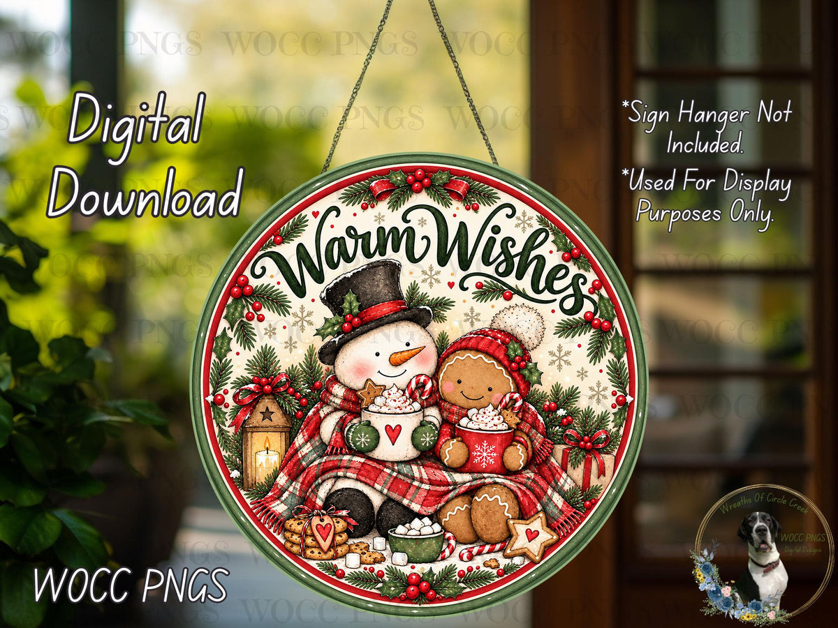 The image is a digital download of a round sign featuring a snowman and a gingerbread man, surrounded by festive decorations such as berries, pine branches, and a wreath.
