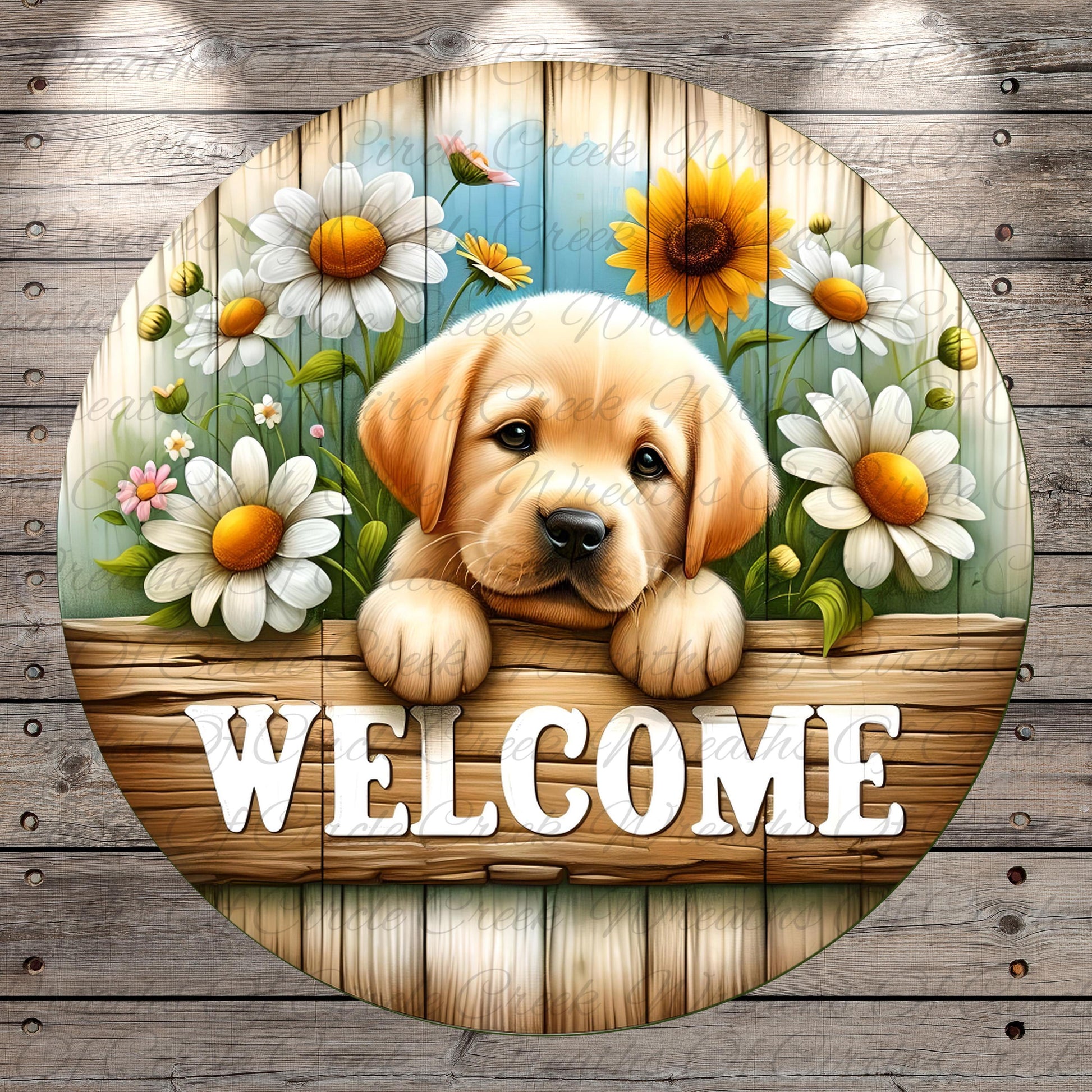 A wooden sign with a cute puppy peeking out from behind flowers, with the word "WELCOME" written on it.