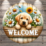A wooden sign with a cute puppy peeking out from behind flowers, with the word "WELCOME" written on it.