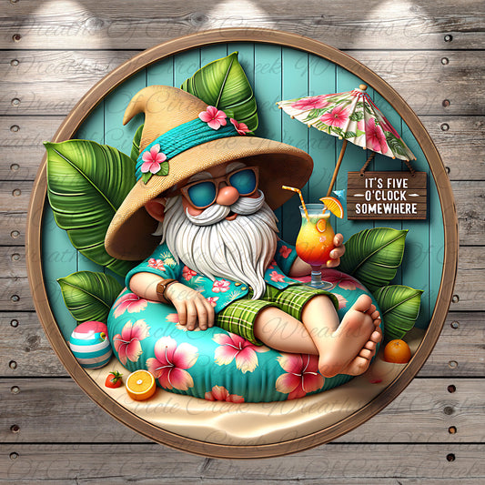 A whimsical illustration of a bearded man wearing a hat and sunglasses, sitting on a beach chair and holding a drink, surrounded by tropical foliage and a sign that reads "It's five o'clock somewhere".