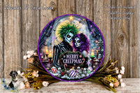 a Halloween-themed wreath with a skeleton and a couple of other spooky elements, surrounded by flowers and other decorations.