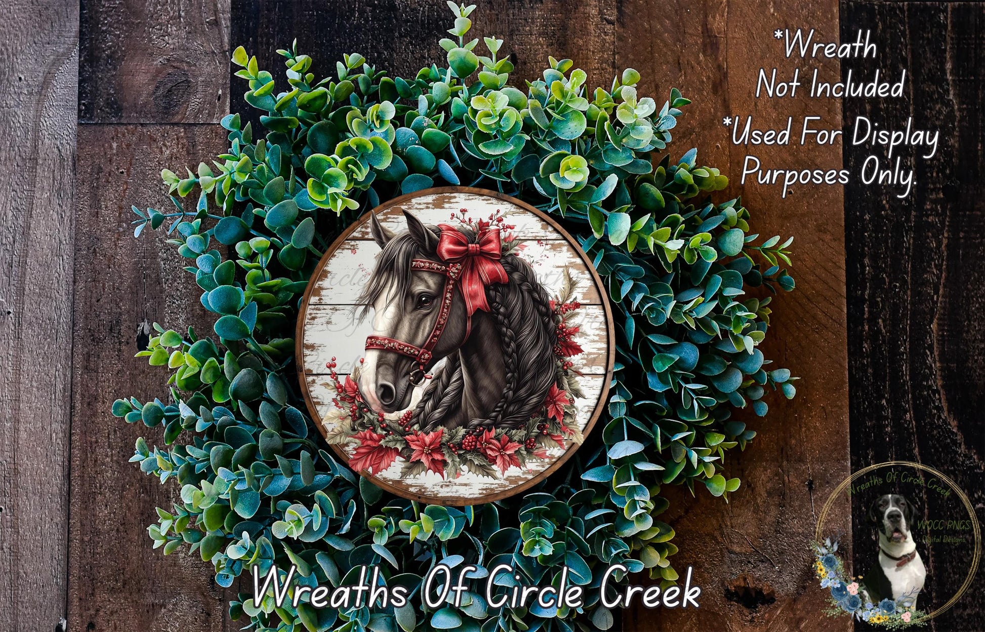 A wreath made of green leaves and flowers, with a horse's head and bow as the central decorative element.