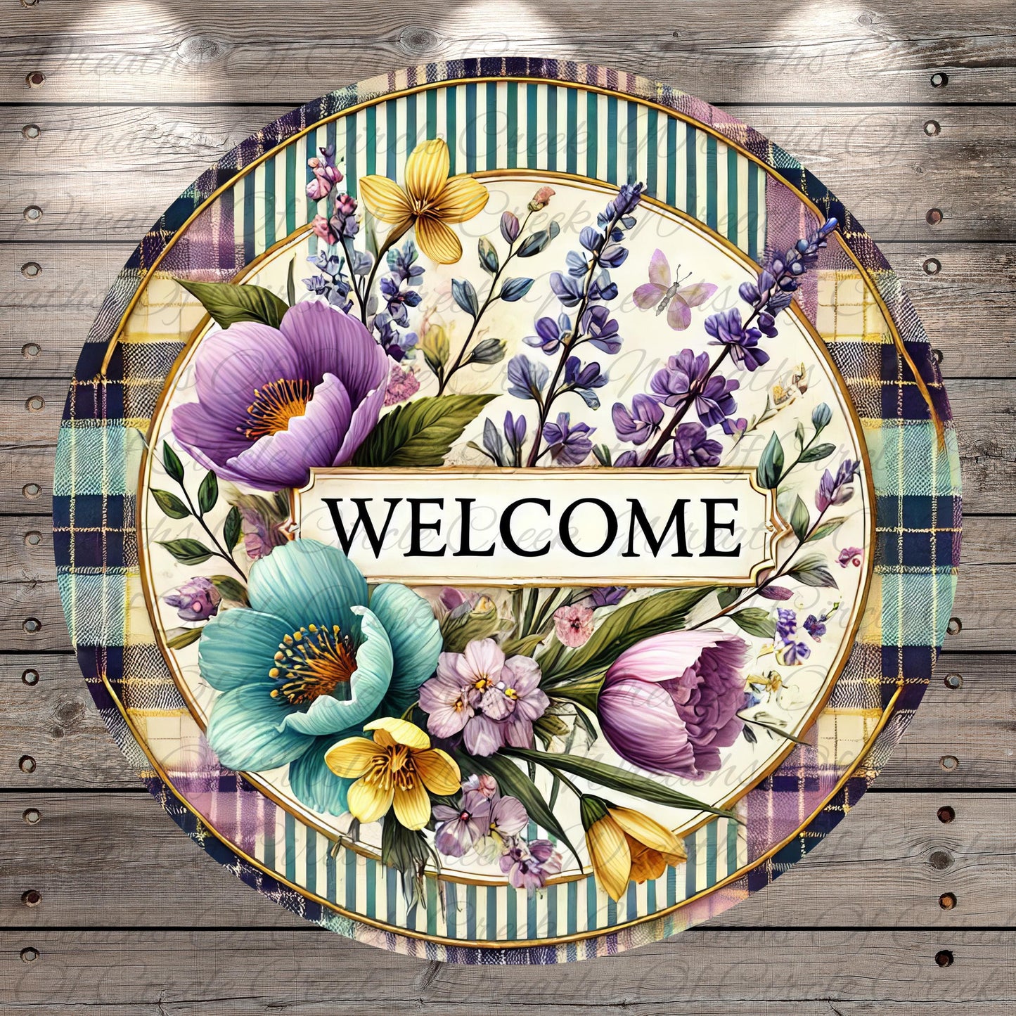 A decorative round sign with a floral design and the word "WELCOME" prominently displayed in the center.