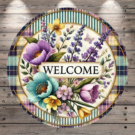 A decorative round sign with a floral design and the word "WELCOME" prominently displayed in the center.
