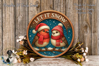 A round wooden plaque with a winter scene featuring two birds wearing red and white scarves, surrounded by snow and flowers.