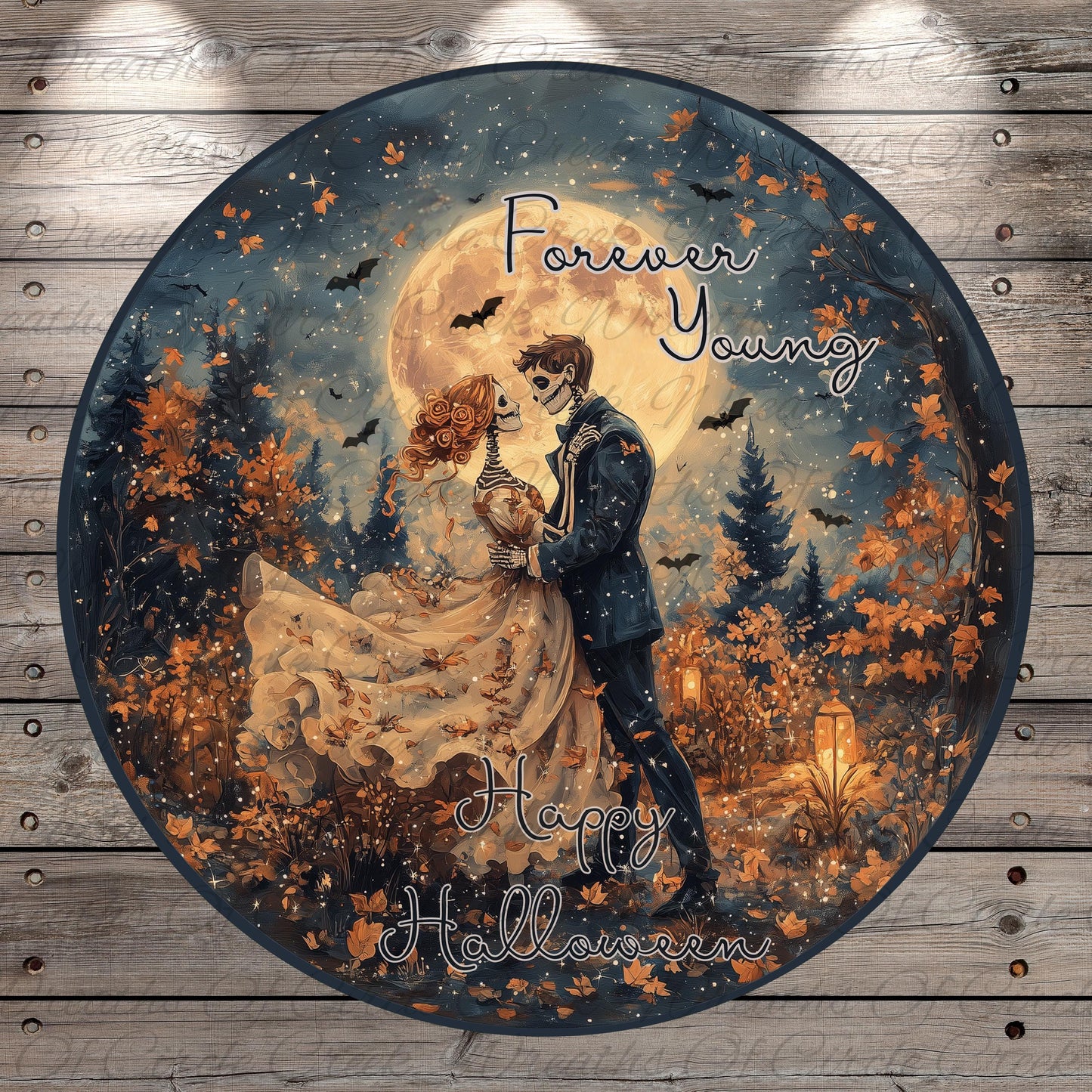 A circular illustration depicting a couple embracing under a full moon, surrounded by autumn foliage and bats, with the text "Forever Young" and "Happy Halloween" at the top and bottom.