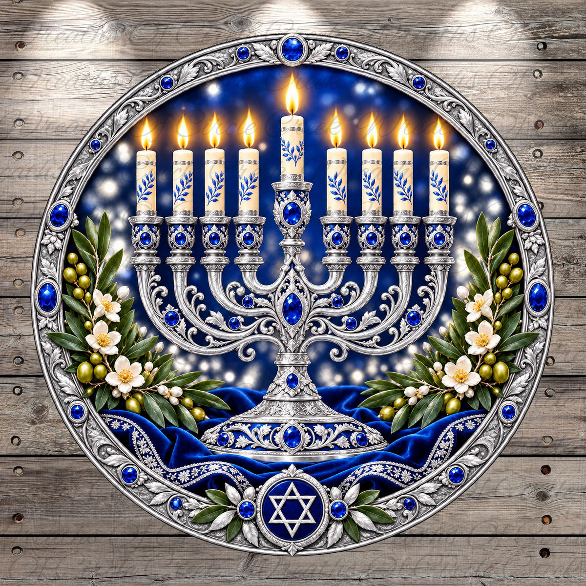 A large, ornate, and intricately designed menorah with lit candles, surrounded by blue and white floral decorations, against a dark blue background with white lights.