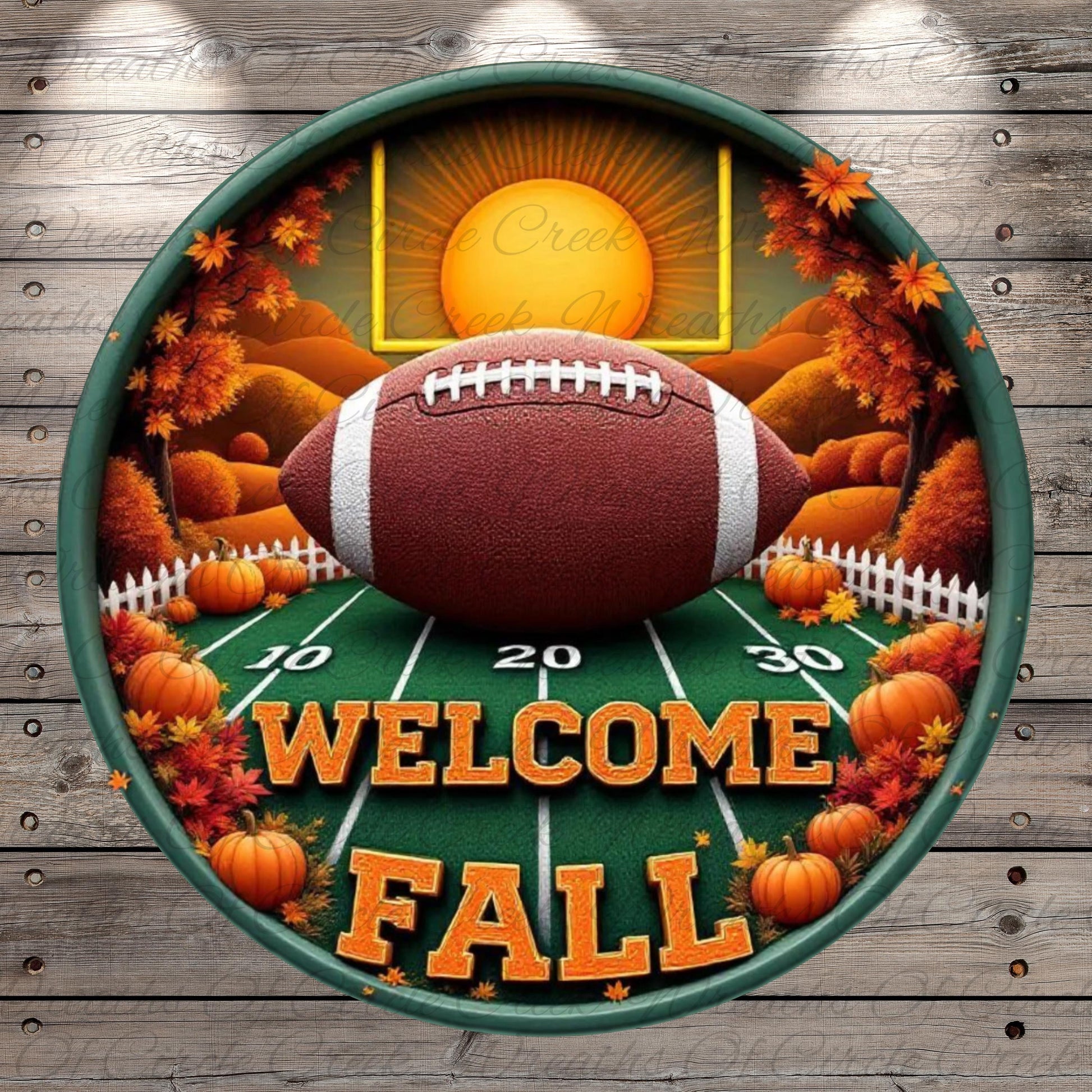 A football surrounded by autumn leaves, pumpkins, and a sun in the background, with the text "WELCOME FALL" displayed prominently.