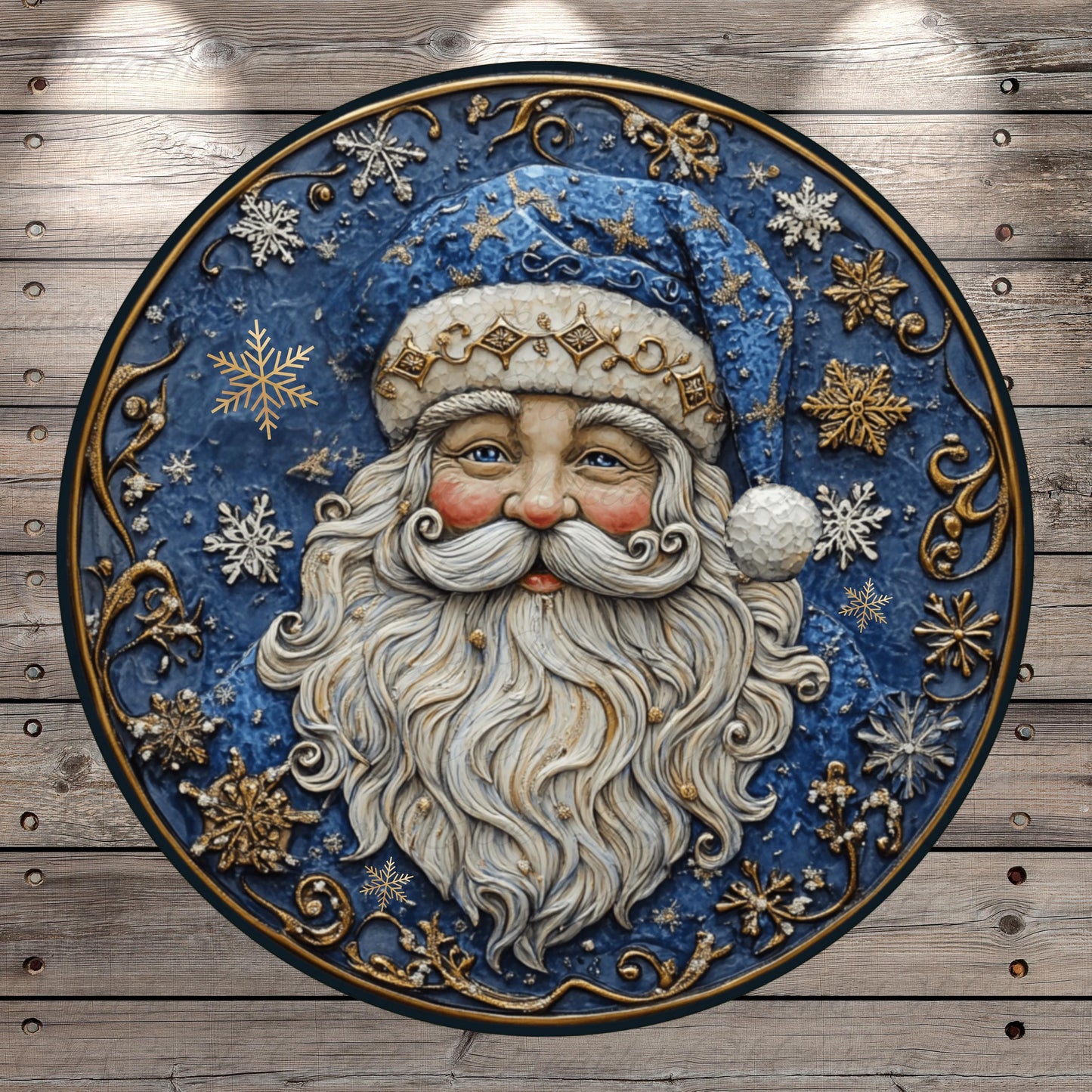 a blue and gold plate with a santa clause on it