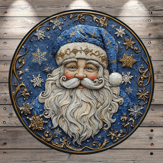 a blue and gold plate with a santa clause on it