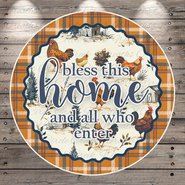 a decorative plate with a plaid border and a message that reads "Bless this home and all who enter".