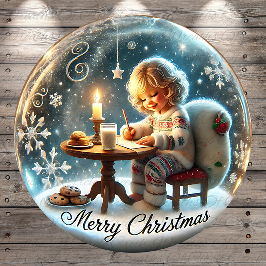 A young girl is sitting at a table, writing in a notebook while a lit candle and cookies are present on the table. The background is a snowy scene with a star and snowflakes. The text "Merry Christmas" is displayed at the bottom of the image.
