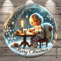 A young girl is sitting at a table, writing in a notebook while a lit candle and cookies are present on the table. The background is a snowy scene with a star and snowflakes. The text "Merry Christmas" is displayed at the bottom of the image.