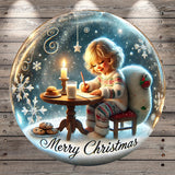 A young girl is sitting at a table, writing in a notebook while a lit candle and cookies are present on the table. The background is a snowy scene with a star and snowflakes. The text "Merry Christmas" is displayed at the bottom of the image.