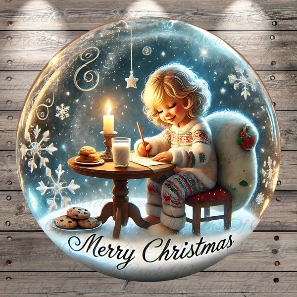 A young girl is sitting at a table, writing in a notebook while a lit candle and cookies are present on the table. The background is a snowy scene with a star and snowflakes. The text "Merry Christmas" is displayed at the bottom of the image.