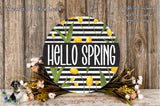 a round sign with the text "Hello Spring" in bold, surrounded by a wreath of yellow flowers and green leaves. The sign is placed on a wooden surface, and there is a small dog in the background.