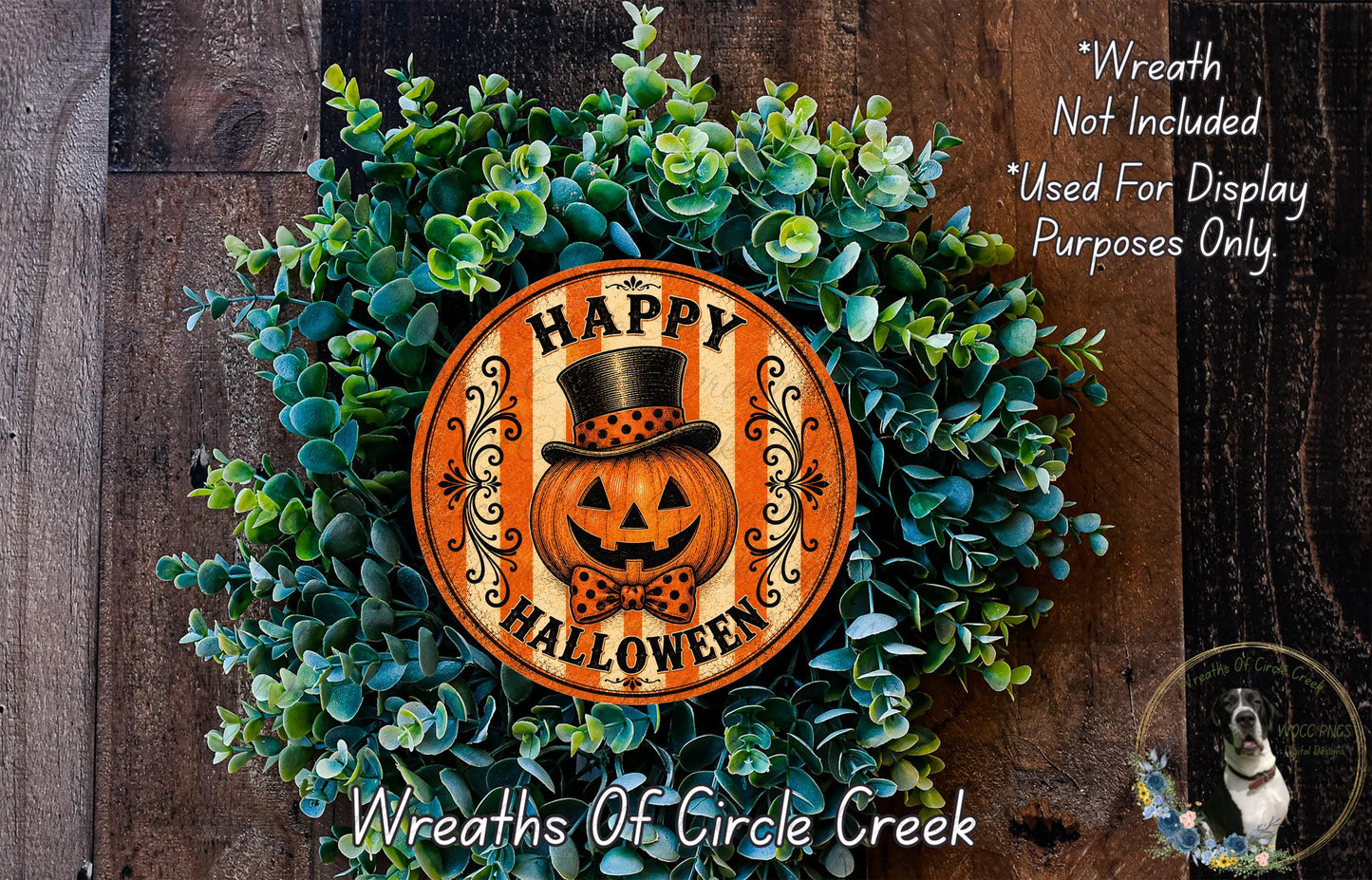 A Halloween-themed wreath made of green foliage and an orange pumpkin with a black top hat and bowtie, with the text "Happy Halloween" on it.