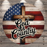 A circular design featuring a wooden cross against an American flag background, with the text "God & Country" prominently displayed.