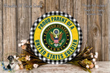 a patriotic emblem of the United States Army, surrounded by a floral arrangement and a wooden background.
