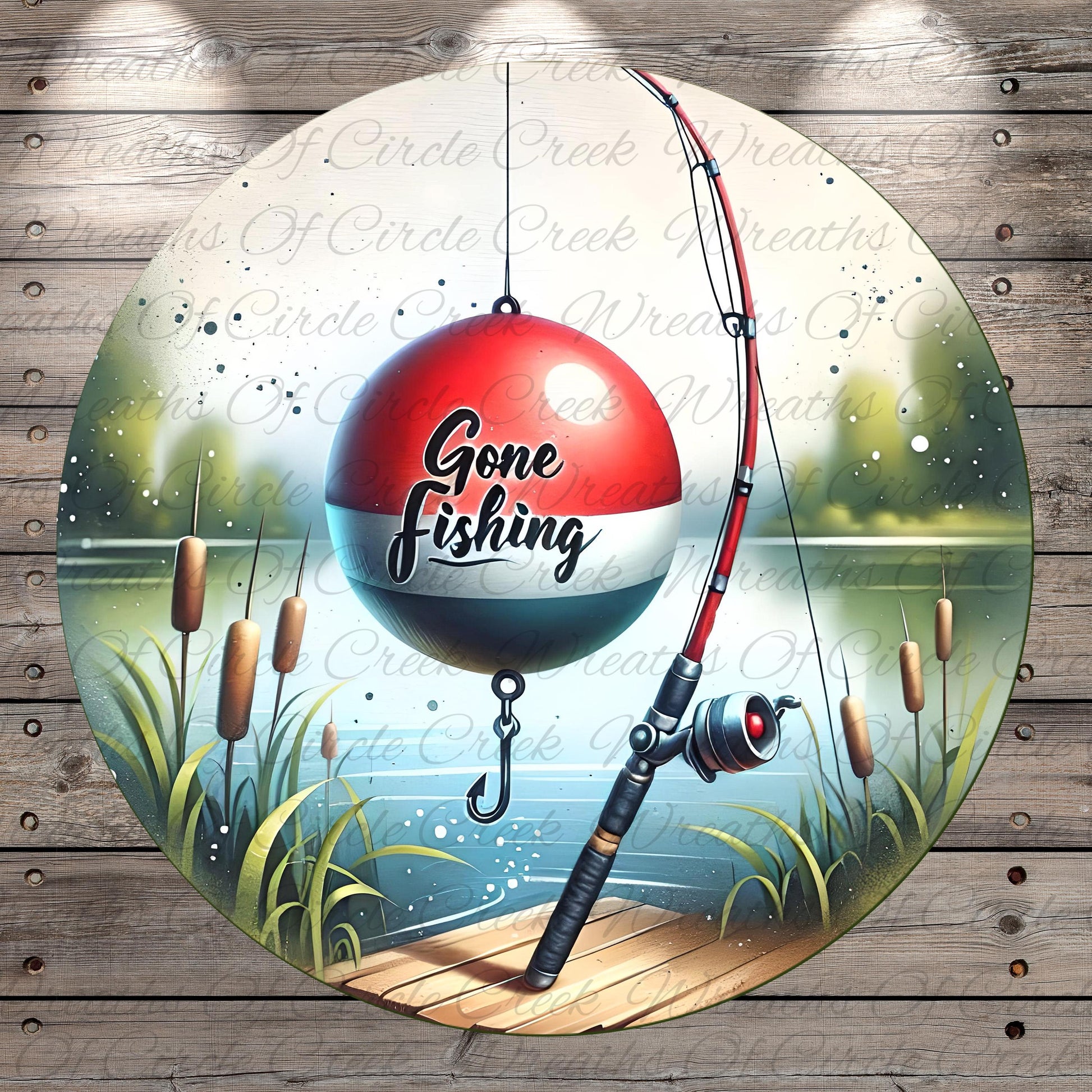 A red and white fishing float with the text "Gone Fishing" is shown on a wooden dock, with a fishing rod and reeds in the background.