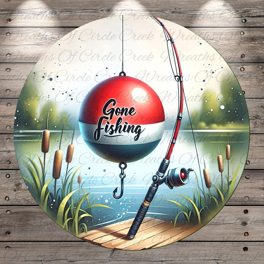 A red and white fishing float with the text "Gone Fishing" is shown on a wooden dock, with a fishing rod and reeds in the background.