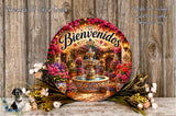 a decorative wreath with a fountain and flowers, surrounded by a floral arrangement and a bird. The wreath has the text "Bienvenidos" written on it, which translates to "Welcome" in Spanish.