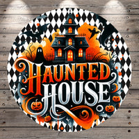 a Halloween-themed design with a large, ornate house surrounded by bats, pumpkins, and other spooky elements. The text "Hauntined House" is prominently displayed in a decorative font, creating a festive and spooky atmosphere.
