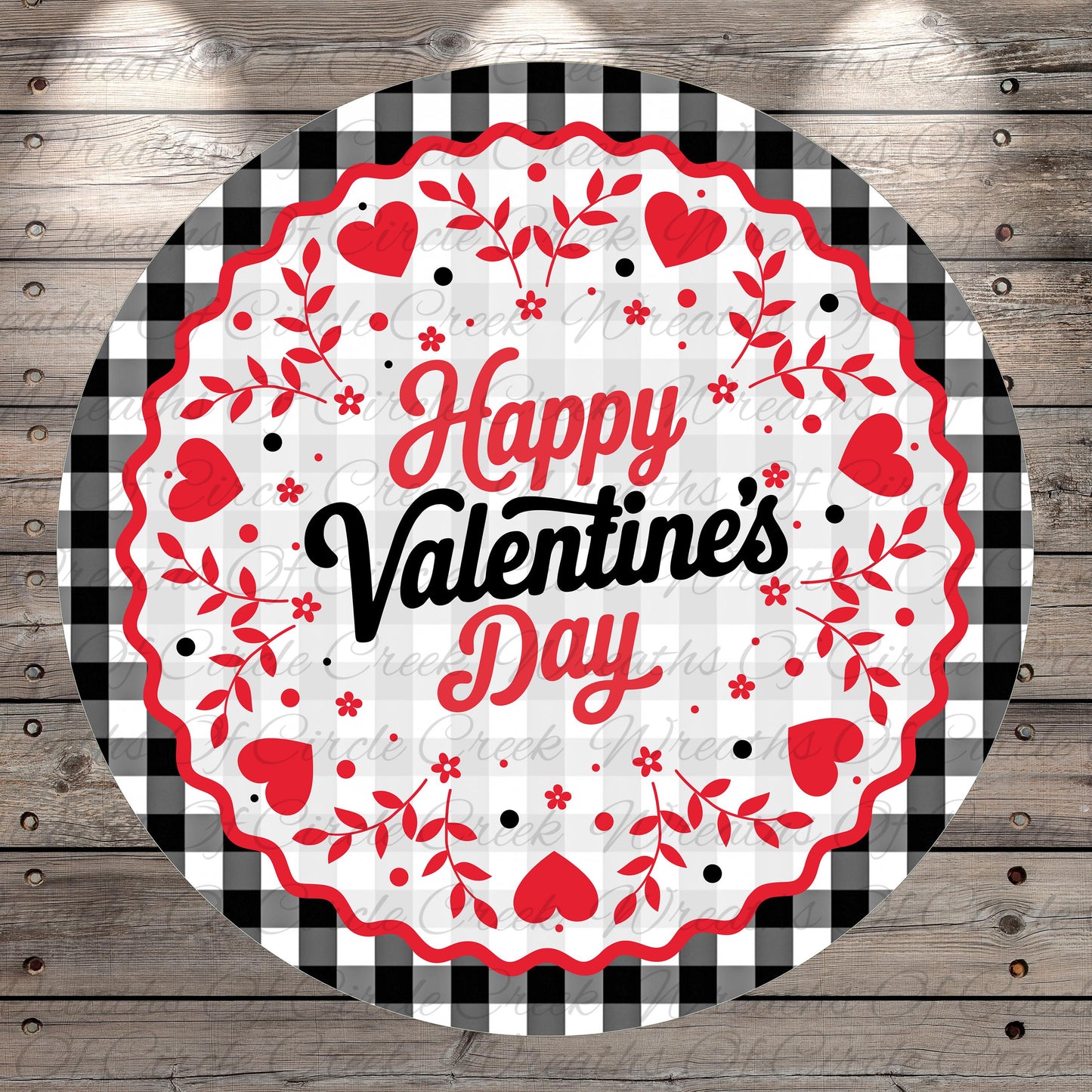 A circular design with a black and white checkered border, surrounded by red hearts and flowers. The text "Happy Valentine's Day" is prominently displayed in the center of the design.