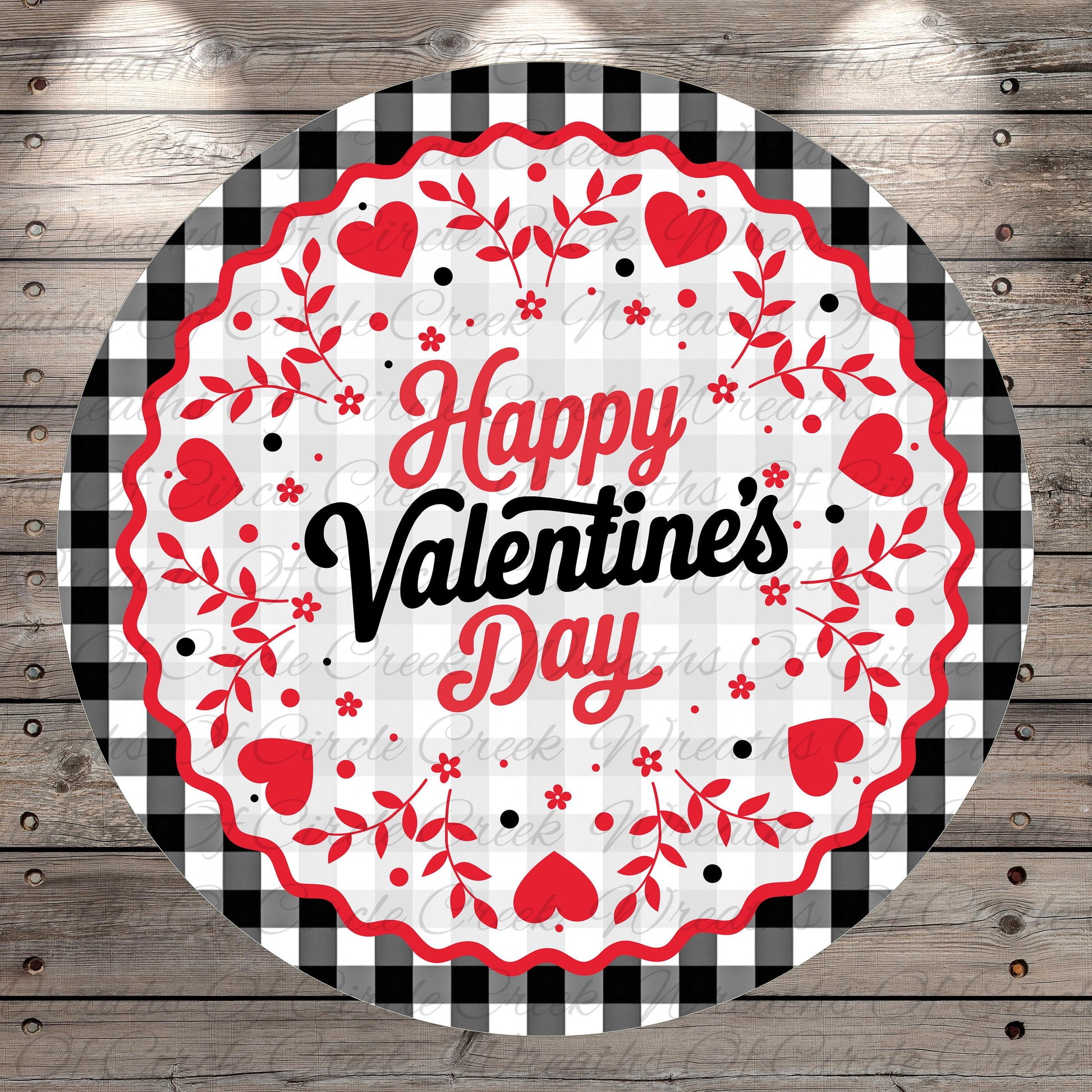 A circular design with a black and white checkered border, surrounded by red hearts and flowers. The text "Happy Valentine's Day" is prominently displayed in the center of the design.