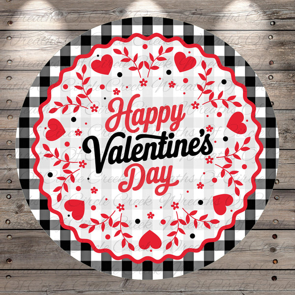 A circular design with a black and white checkered border, surrounded by red hearts and flowers. The text "Happy Valentine's Day" is prominently displayed in the center of the design.