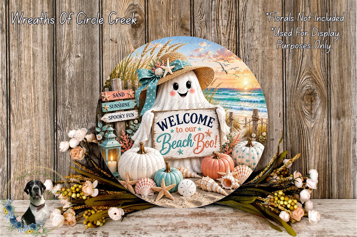 A decorative sign featuring a ghost character surrounded by beach-themed elements such as pumpkins, seashells, and flowers, with a welcoming message.