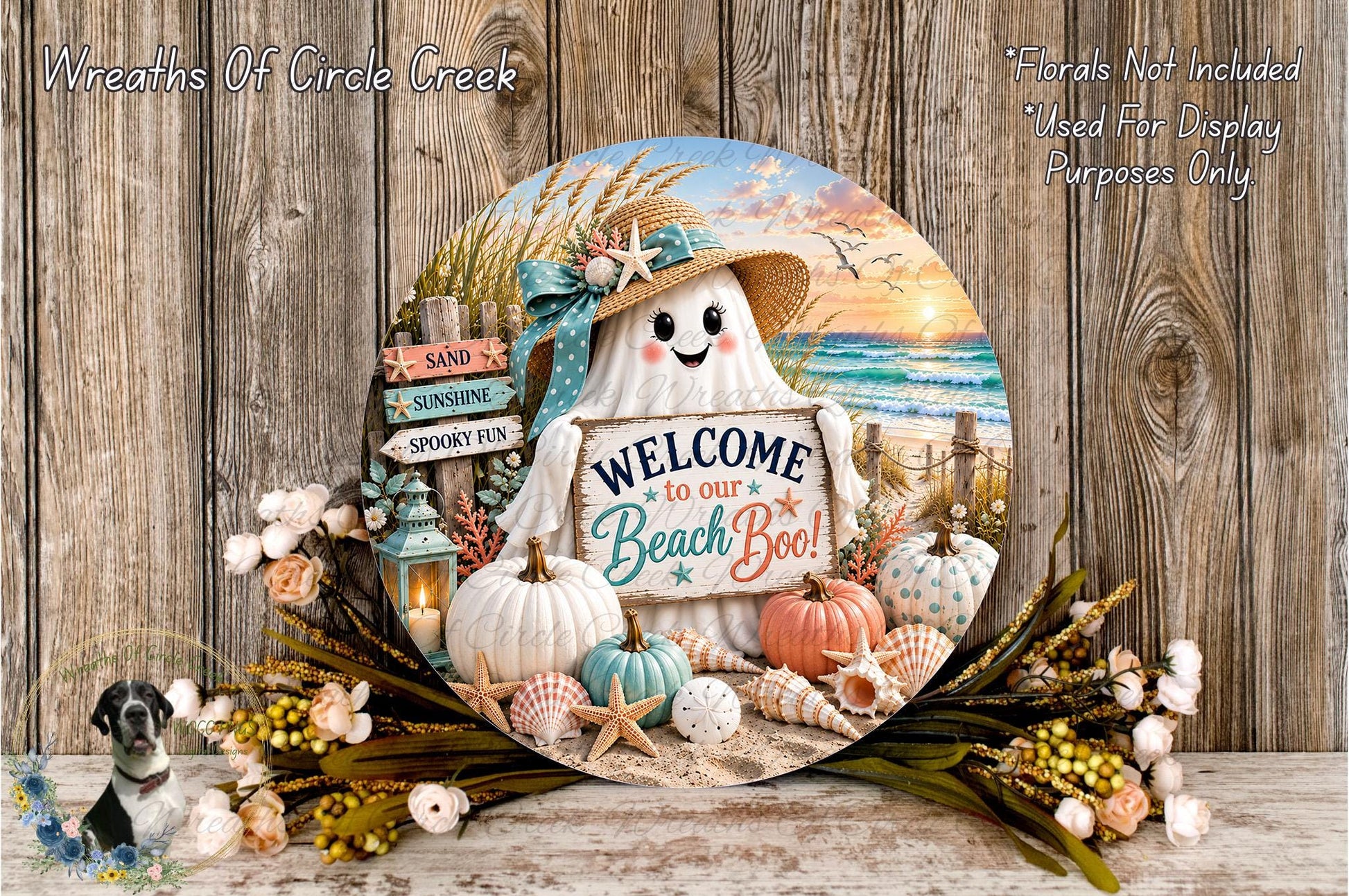A decorative sign featuring a ghost character surrounded by beach-themed elements such as pumpkins, seashells, and flowers, with a welcoming message.